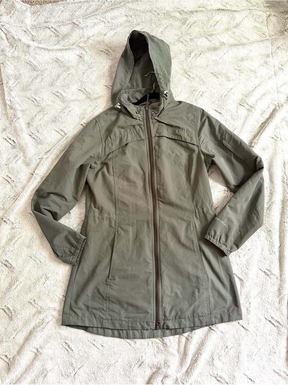 Eddie Bauer Women's Olive Green Hooded Long Rain Jacket